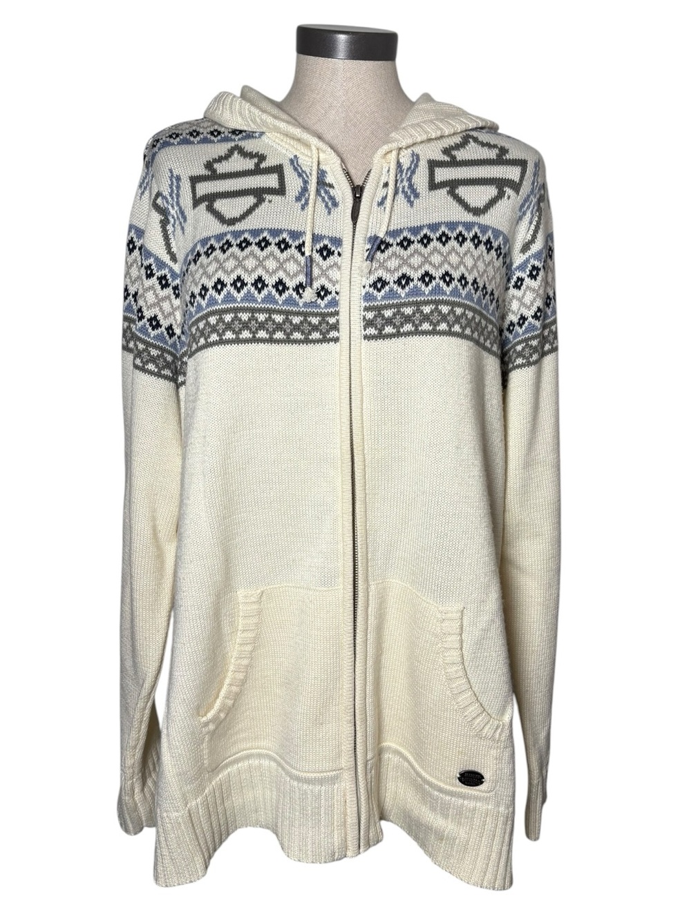 Harley Davidson 1W Wool Blend Fair Isle Hooded Zip Sweater Holiday